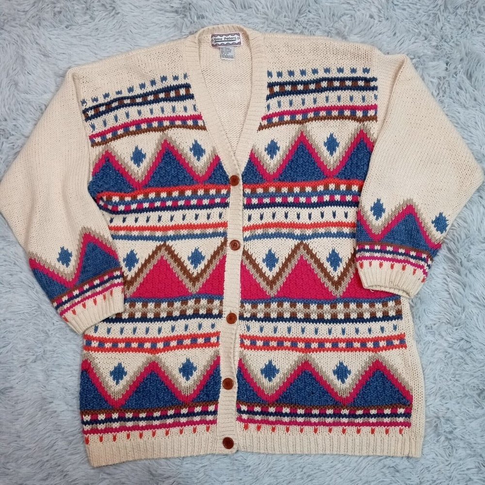 Gina Peters Womens‎ Sweater Cardigan Beige  L Button Up Aztec Geometric Large